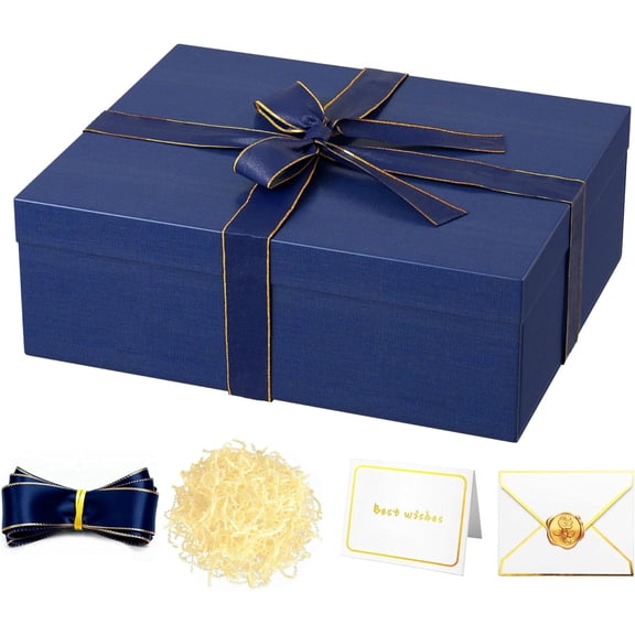 TickJOY White Gift Box 16.5''x13''x5.5'' - Large Gift Boxes with Lid for Presents Packaging, Birthday, Christmas, Wedding, Anniversary, Big Gift Box with Ribbon, Shred Filler, Card, Wax Seal (Blue)