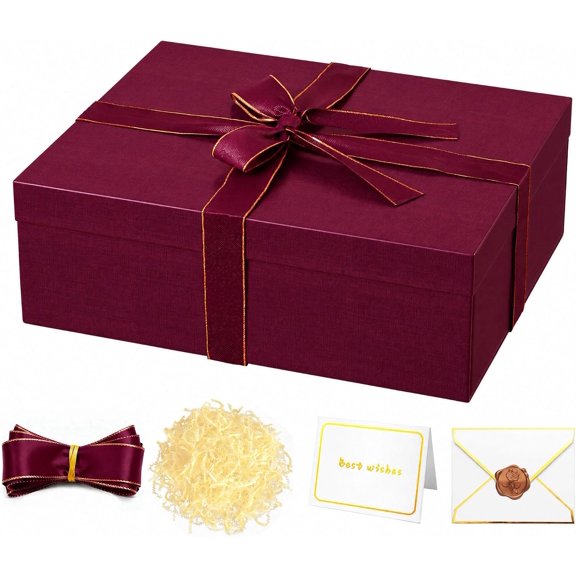 TickJOY Wine Red Gift Box 16.5''x13''x5.5'' - Large Gift Boxes with Lid for Presents Packaging, Birthday, Christmas, Wedding, Anniversary, Big Gift Box with Ribbon, Shred Filler, Card, Wax Seal
