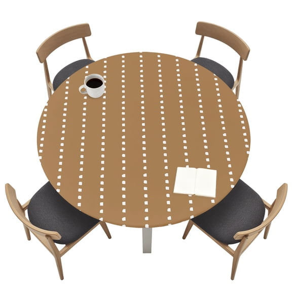 Ticking Round Fitted Tablecloth with Elastic Edged, Minimalist Greige Waterproof Table Cover for Dinner Outdoor Picnic Fits Round Tables up to 45"- 54" Diameter