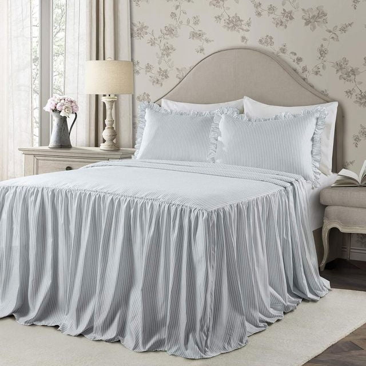 Lake Blue Queen Ticking Stripe Ruffle-Edged Bedspread Set