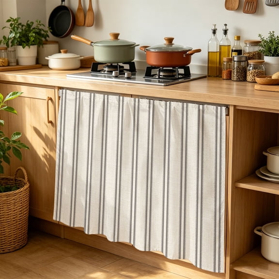 Ticking Stripe Cabinet Curtains for Kitchen 35"W x 35"L, Minimalist Vertical Lines Beige Linen Texture Laundry Sink Cabinets Magic Tape Short Curtain Privacy Panel for Bathroom Vanity Cabinets