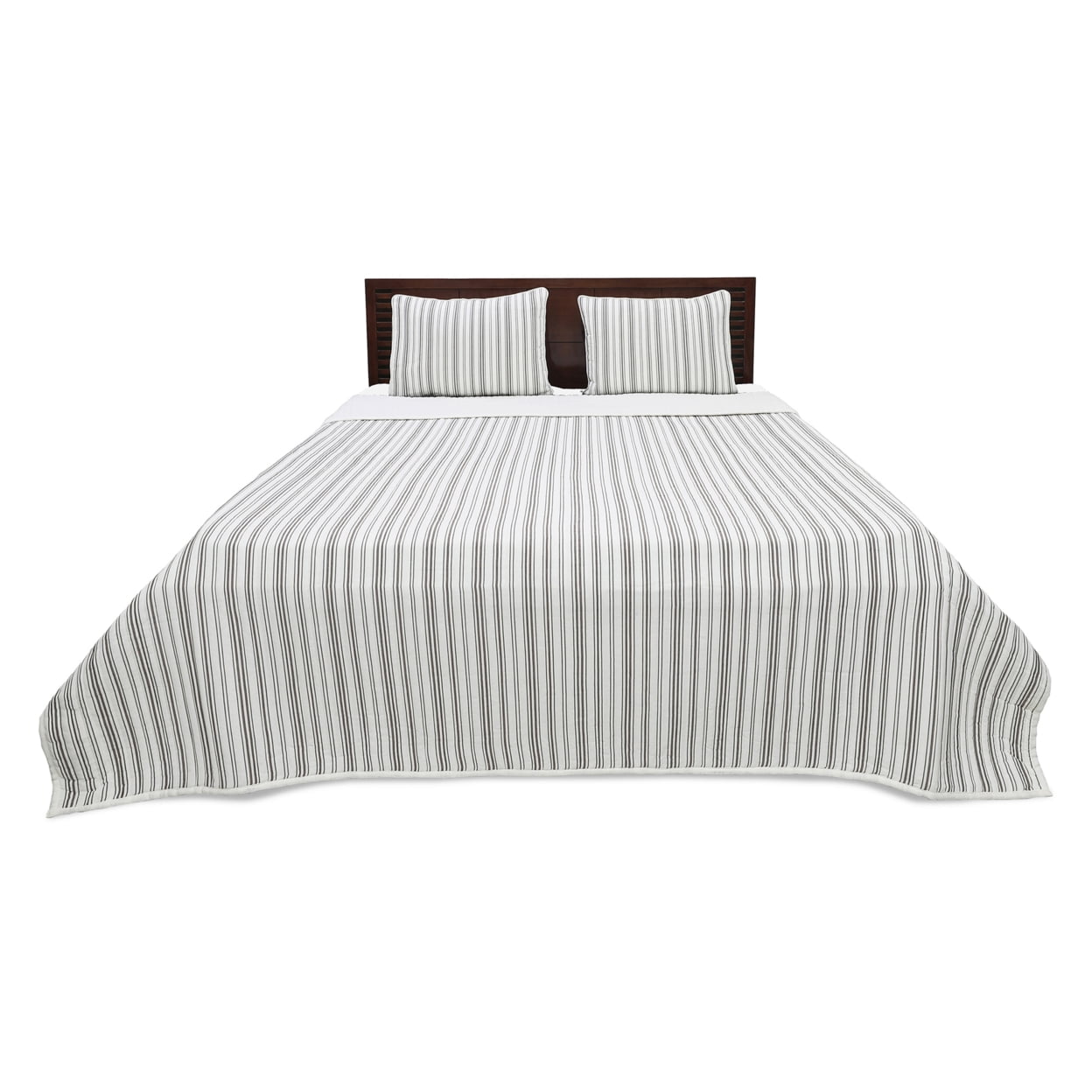 Ticking Stripe Ivory and Brown Cotton Queen Quilt Set