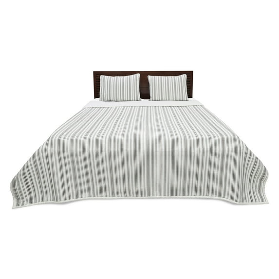 Ticking Stripe Ivory and Brown Cotton Queen Quilt Set