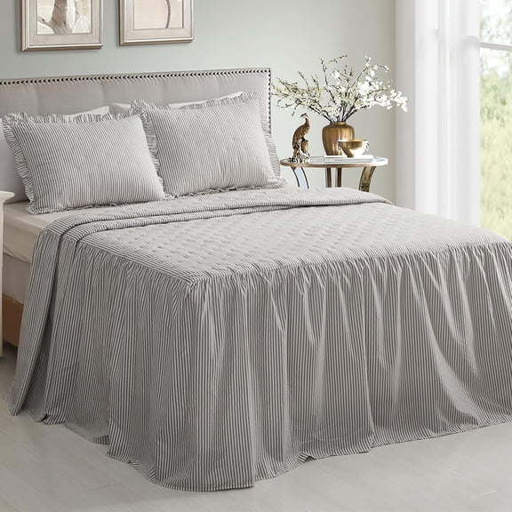 Ticking Stripe Ruffle Skirt Bedspread King Size 30 Inch Drop Light Grey