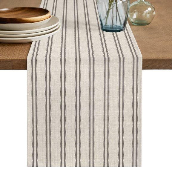 Ticking Stripe Table Runner, Minimalist Vertical Lines Beige Linen Texture Cotton Linen Table Cloth, Tablerunner for Kitchen Dining Party Wedding Home Decor 13x36 Inch