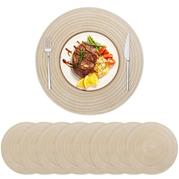 Tickjoy 15 in Round Placemats Set of 8, Washable Woven Placemats for Kitchen Dining Table, Beige Table Placemats
