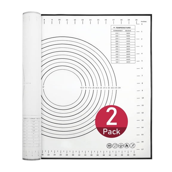 Tickjoy 2-Pack Non-Stick Silicone Baking Mats Set - 24"x20" + 15"x11" Dough Rolling Mat with Measurement Guide, Kitchen Counter Mat for Bread Making, Cookie Baking, Pastry - Black
