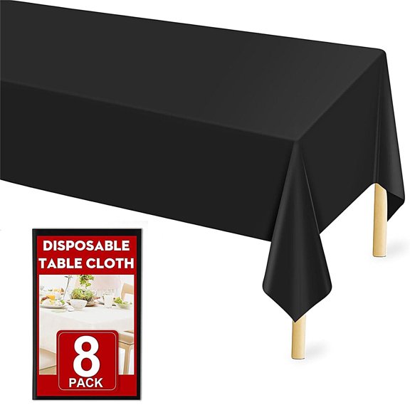 TICKJOY 8 Pcs Black Disposable Plastic Tablecloths for Rectangle Tables – Party, Birthday, Wedding & Holiday Table Covers, 108 in x 54 in