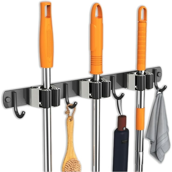 Broom Holder Wall Mount Mop and Broom Hanger Wall Mounted Garage Storage Rack Kitchen Garden Tool Organizer (3 Racks with 4 Hooks, Black)