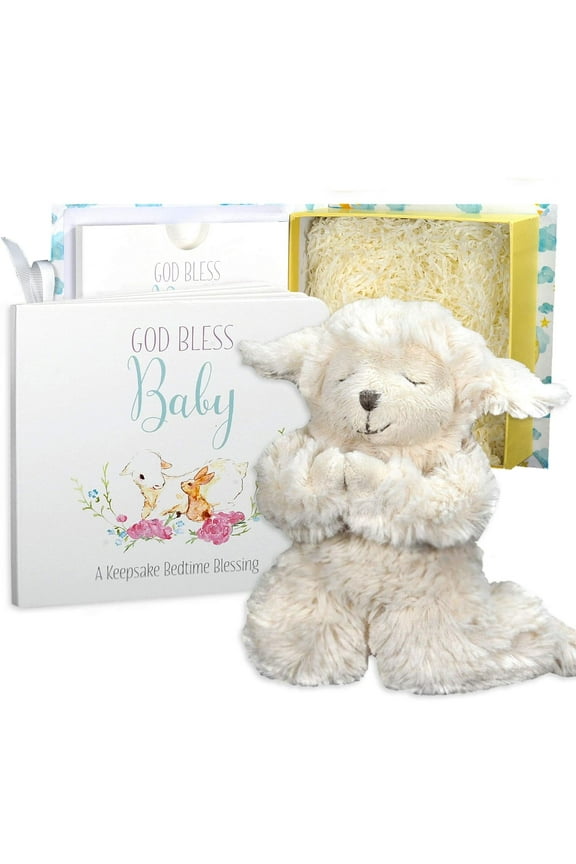 , Baby Gift Set with Praying Musical Lamb and Prayer Book in Keepsake Box for Boys and Girls