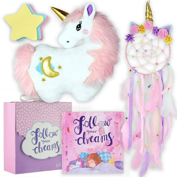 Tickle & Main Unicorn Plush Pillow Gift Set - 4-Piece, Multicolor - Stuffed Unicorn Toy & Storybook - for Girls Ages 4-9 - Room Decor Accent