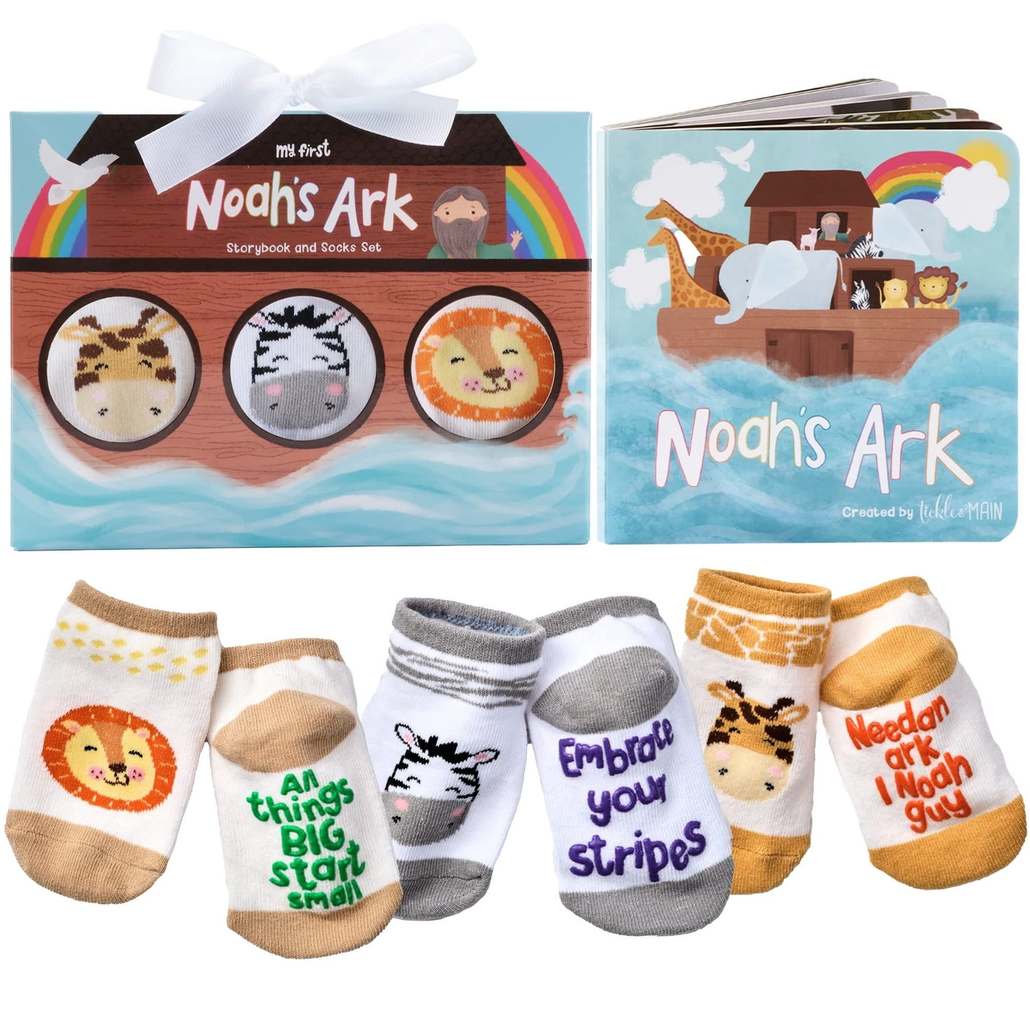 Tickle \u0026 Main Noahs Ark 4-Piece Gift Set for Infants 0-12 Months, Includes Storybook and 3 Pairs of Animal Socks Noah Arc Noahs Ark Book for Baby