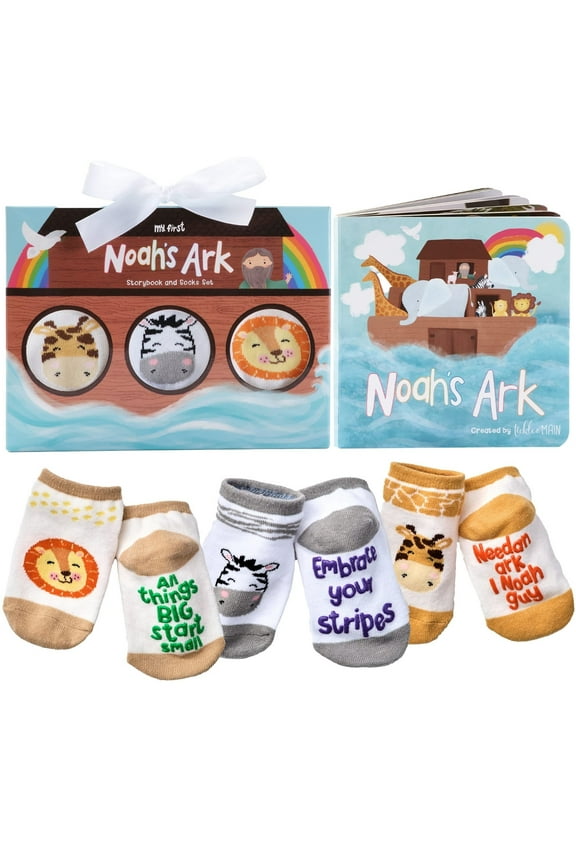 Noahs Ark 4-Piece Gift Set for Infants 0-12 Months, Includes Storybook and 3 Pairs of Animal Socks Noah Arc Noahs Ark Book for Baby