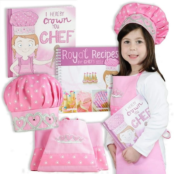 Tickle & Main, Princess Chef Gift Set - Includes Book, Apron, Hat, and Royal Recipes Cookbook for Little Girls Age 3 4 5 6 7 Years - Kids Learn Basic Cooking and Baking - I Hereby Crown You Chef!
