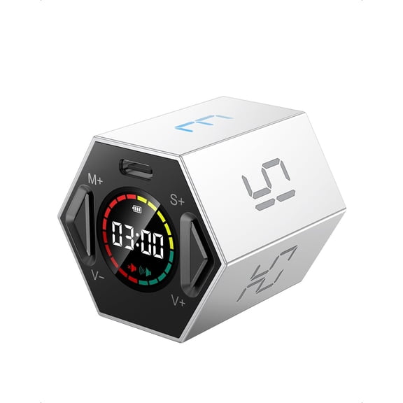 Ticktime Pomodoro Timer, Productivity Timer Cube, 3/5/10/15/25/30 Min Presets, Custom Countdown & Stopwatch 1s–99m59s, Sound/Vibration/Silent, Magnetic, Rechargeable, for ADHD Study Work, Gray