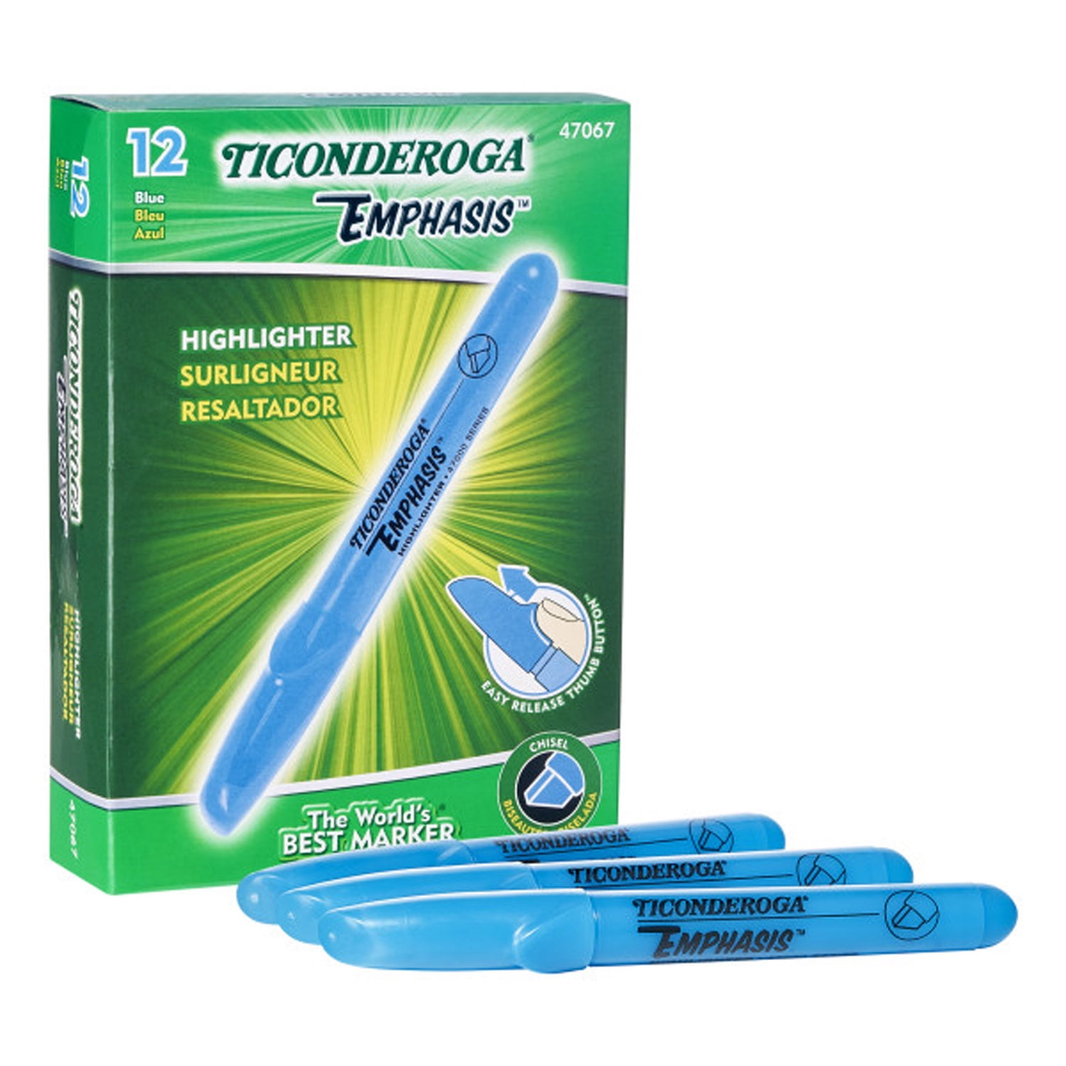 Ticonderoga Emphasis Highlighters, Desk Style, Chisel Tip, Blue, Pack of 12