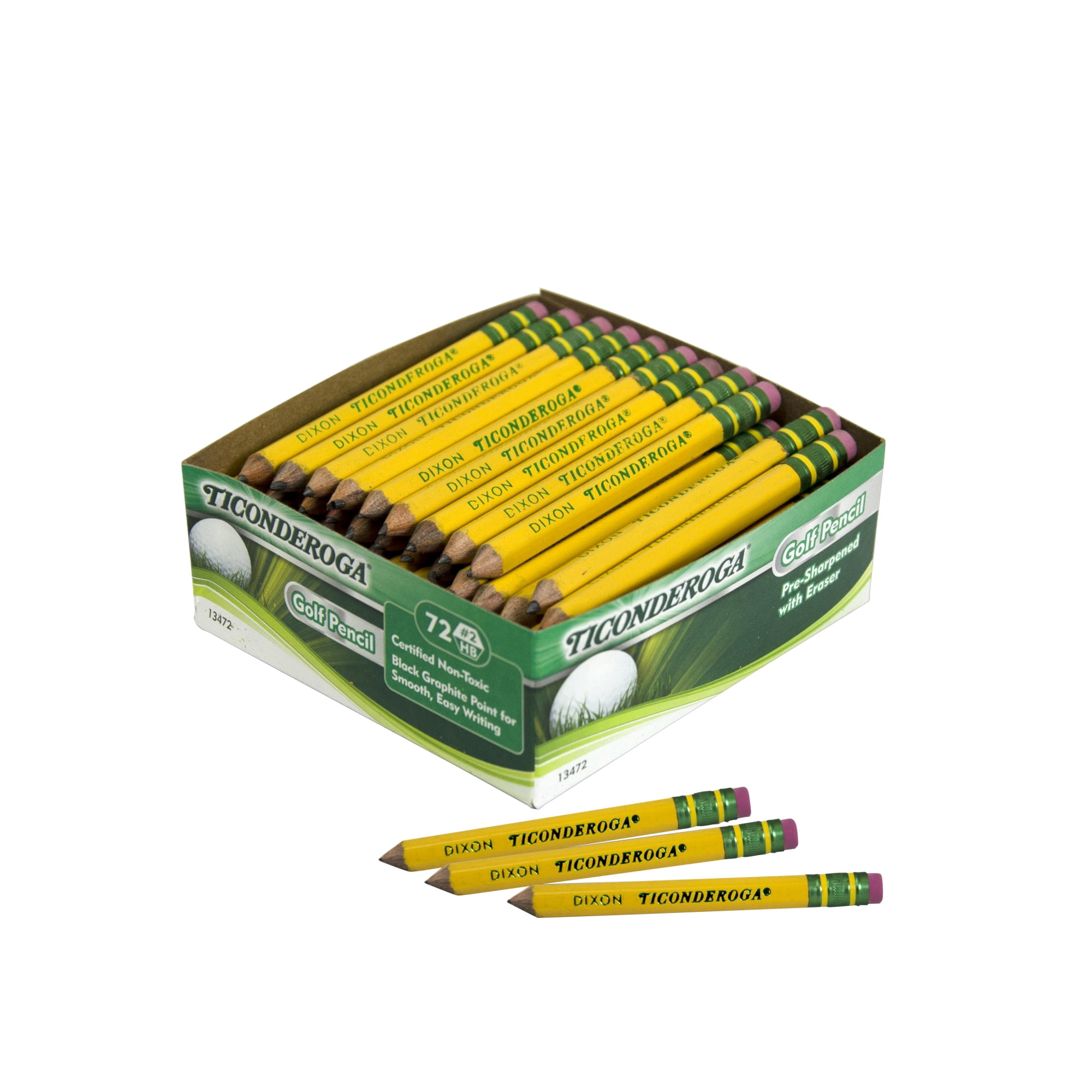 Ticonderoga Short, Golf Wood Pencils, Sharpened, Yellow,#2 HB, With Erasers, Yellow, 72 Count