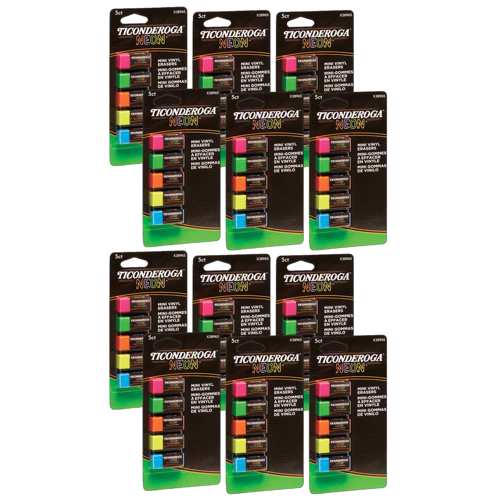 Ticonderoga Mini Vinyl Erasers, Neon Assorted, 5 Per Pack, 12 Packs