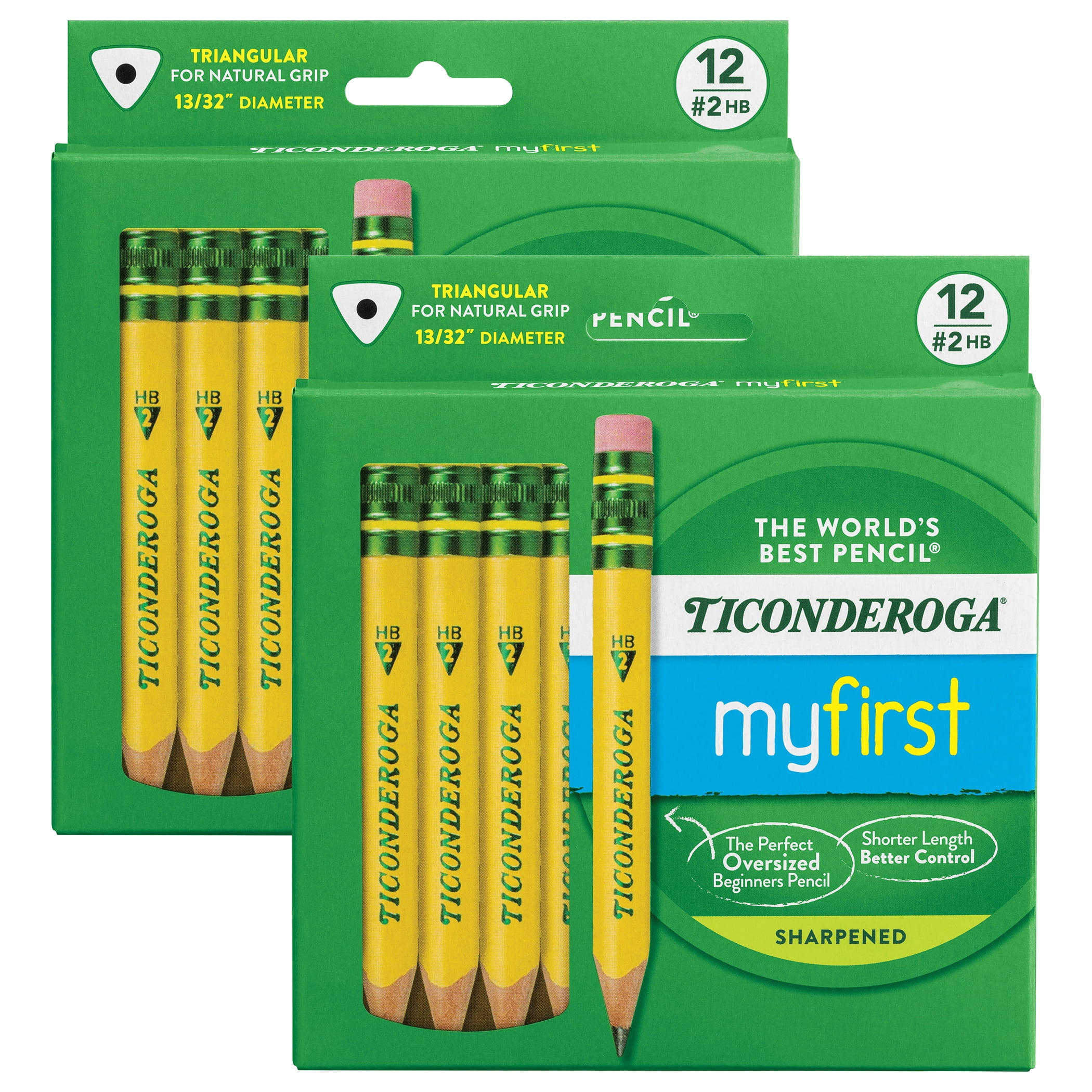 Ticonderoga My First Short Wooden Pencils, Large Triangle Barrel, Sharpened, #2 HB Soft, With Eraser, Yellow, 12 Per Pack, 2 Packs