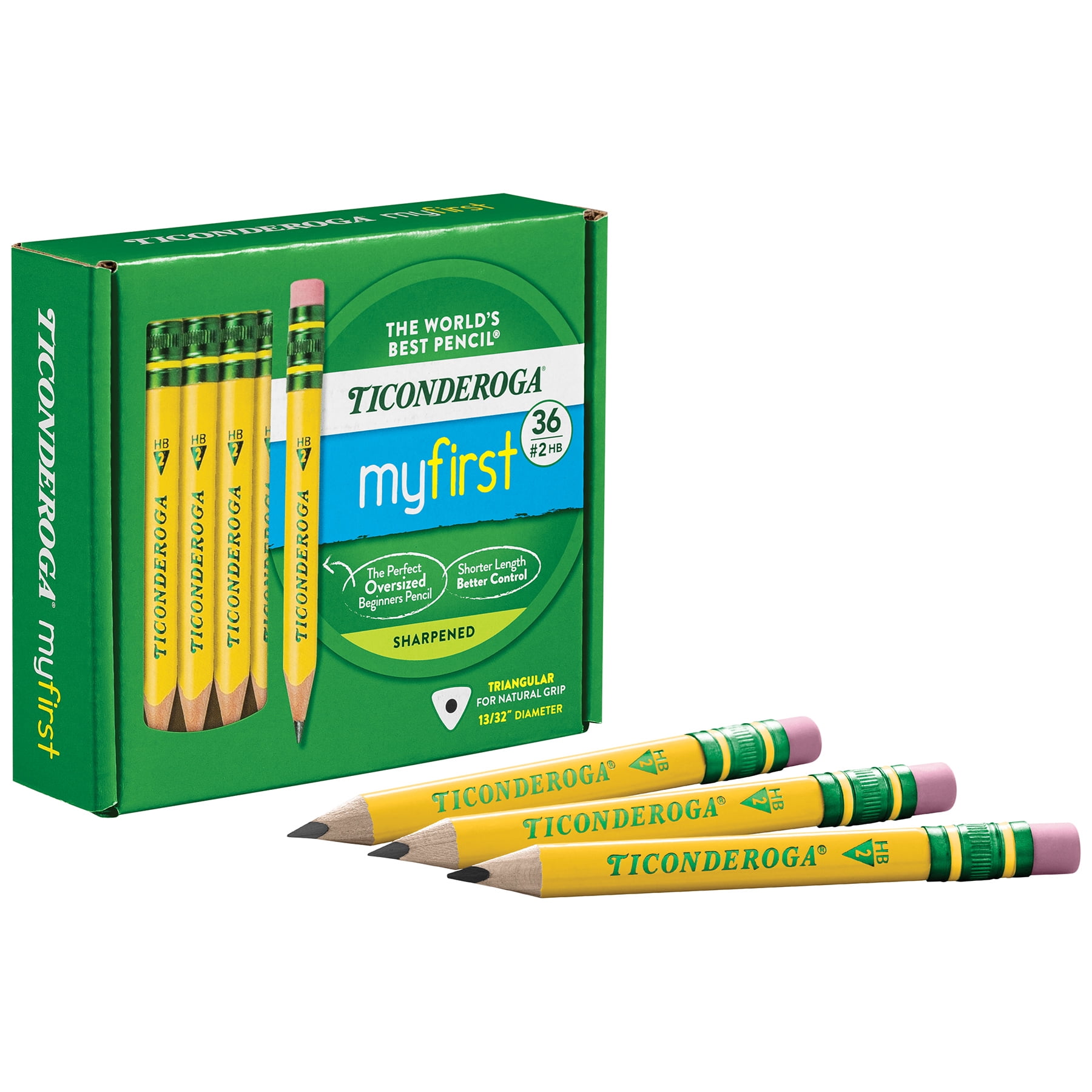 Ticonderoga My First Short Wooden Pencils, Large Triangle Barrel, Sharpened, #2 HB Soft, With Eraser, Yellow, 36 Count
