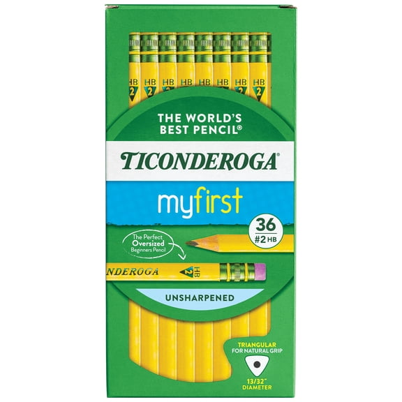 Ticonderoga My First Tri-Write Wood-Cased Pencils, Unsharpened, #2 HB Soft, With Erasers, Yellow, 36 Count