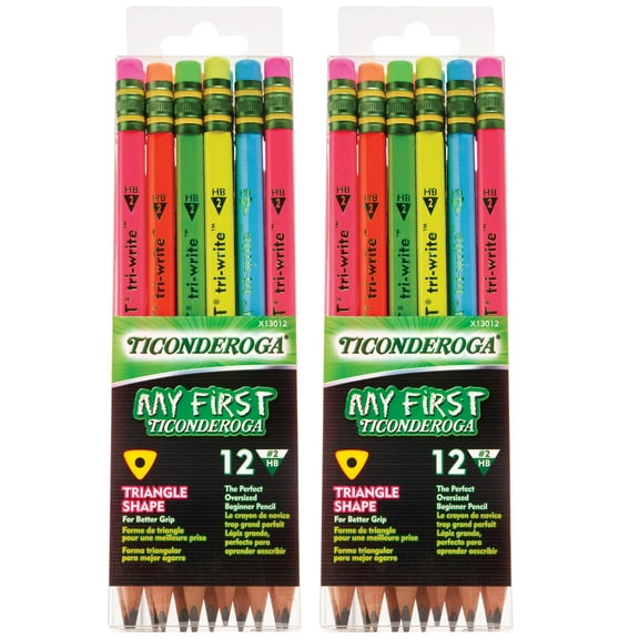 Ticonderoga My First Tri-Write Wood-Cased Pencils, Neon Assorted, 12 Per Pack, 2 Packs