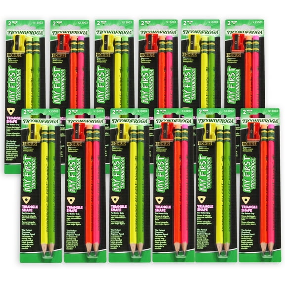 Ticonderoga My First Tri-Write Wood-Cased Pencils, Neon Assorted, 2 Per Pack, 12 Packs