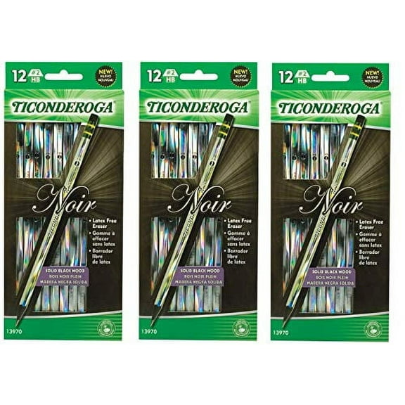 Ticonderoga Noir Black Wood-Cased #2 Pencils, Holographic Design, 12-Count 13970, 3 Pack