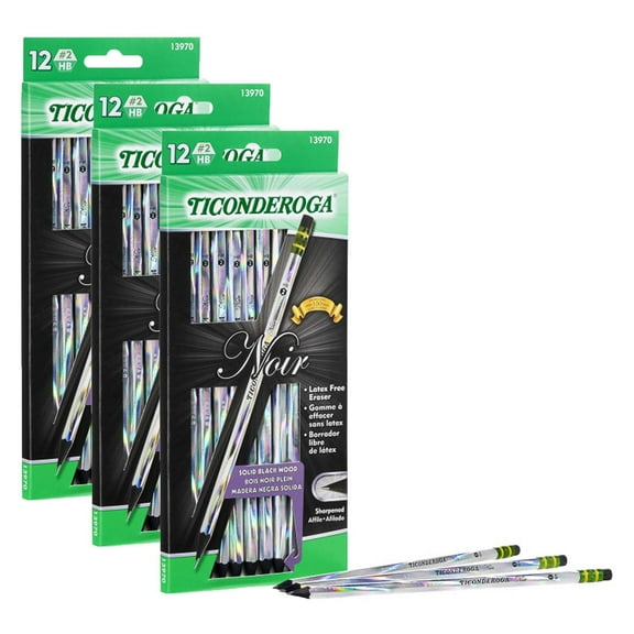 Ticonderoga Holo-Foil Black Wood #2 Noir Pencils (12 Count, 3 Pack) - School & Office Supplies