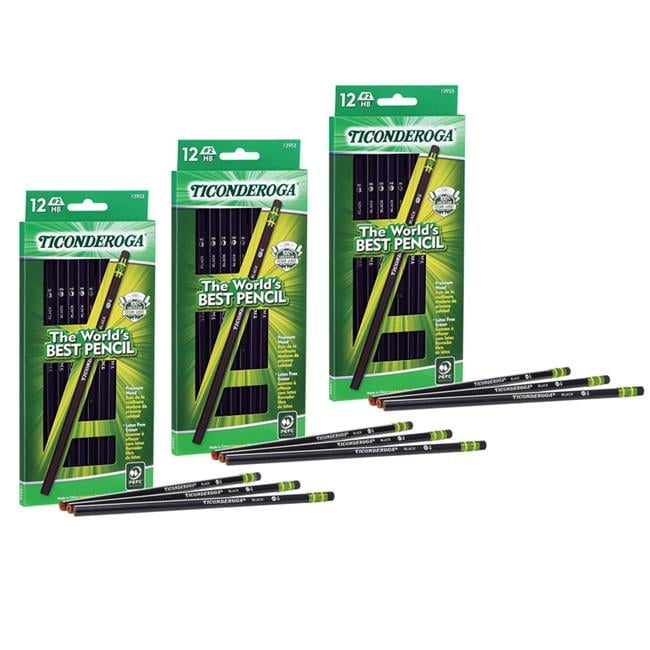 Ticonderoga Num2 Pencils for Grade K-12, Black - Pack of 3 - 12 Count