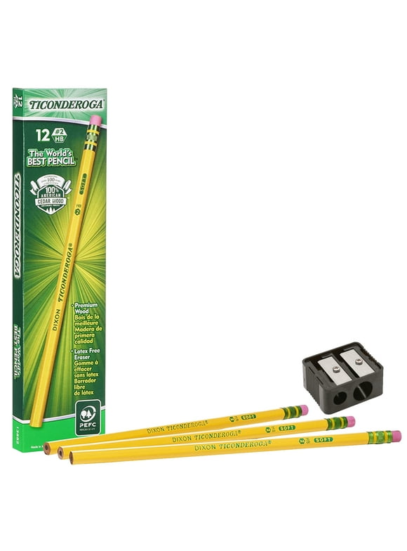 Ticonderoga Pencils #2 Soft Yellow Woodcase Graphite Pencil for School Supplies and Craft Supplies 12 Count (13882) Free Sharpener 1 Pack