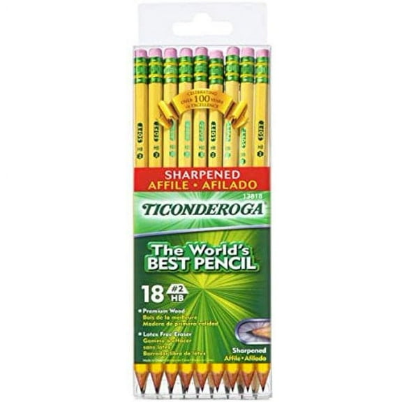 Ticonderoga Pencils, Wood-Cased, Pre-Sharpened, #2 HB Soft, Yellow, 18 Count