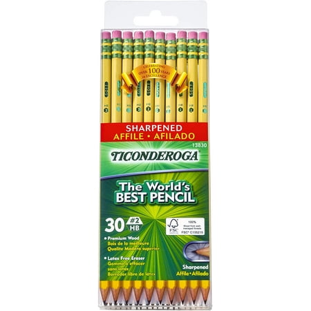 TICONDEROGA Pencils, Wood-Cased, Pre-Sharpened, Graphite #2 HB Soft, Yellow, 30-Pack (13830)
