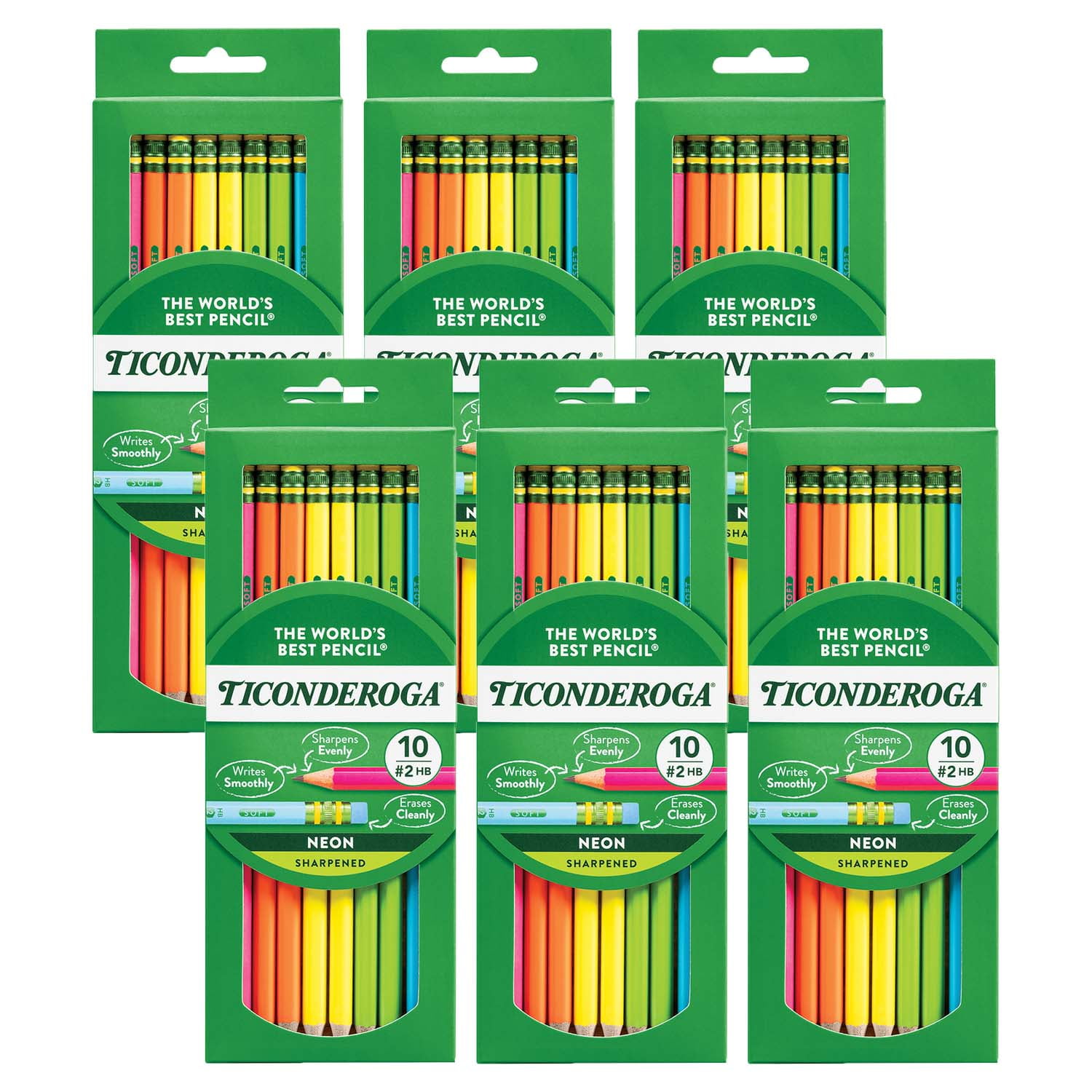 Ticonderoga Premium Neon Wood No. 2 Pencils with Eraser, 10 Per Pack, 6 Packs