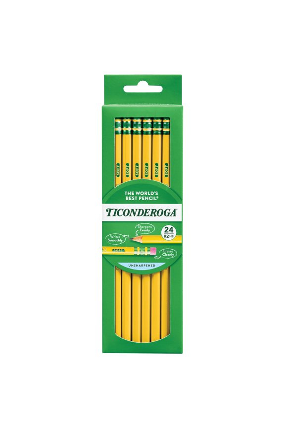 Ticonderoga Premium Wood Pencils, Unsharpened #2 Lead, Yellow, 24 Count, 0.3 mm Pencil Lead-Pack of 2