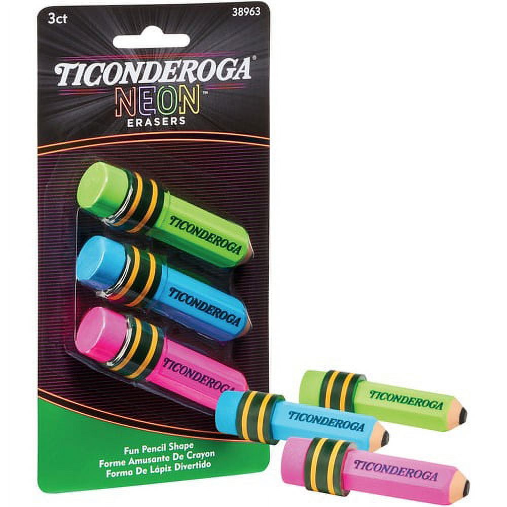 Ticonderoga Style Eraser - Neon Assorted - Assorted - Pencil - 3 Each - Latex-free, Non-toxic, Smudge-free | Bundle of 5 Packs