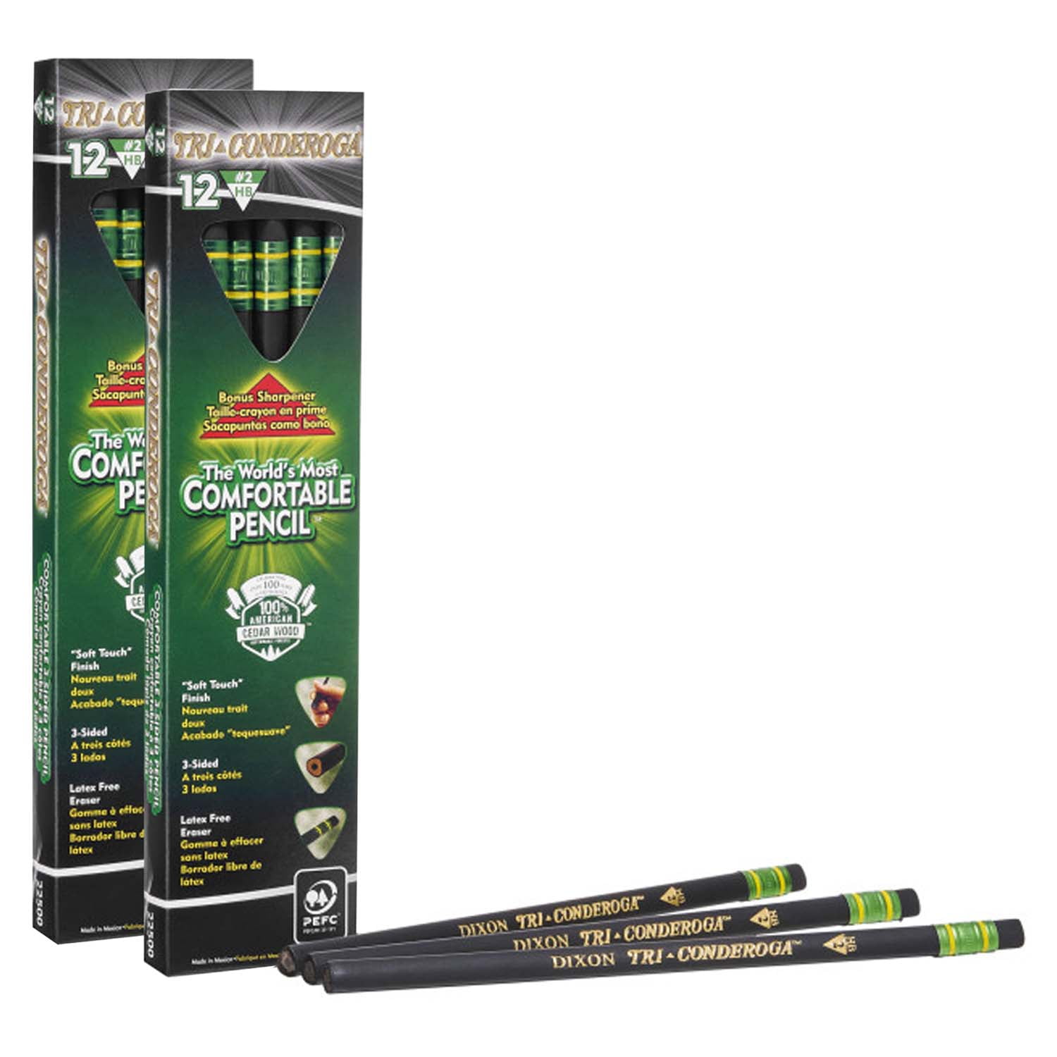 Ticonderoga Tri-Conderoga 3-Sided Pencils with Sharpener, 12 Per Pack, 2 Packs