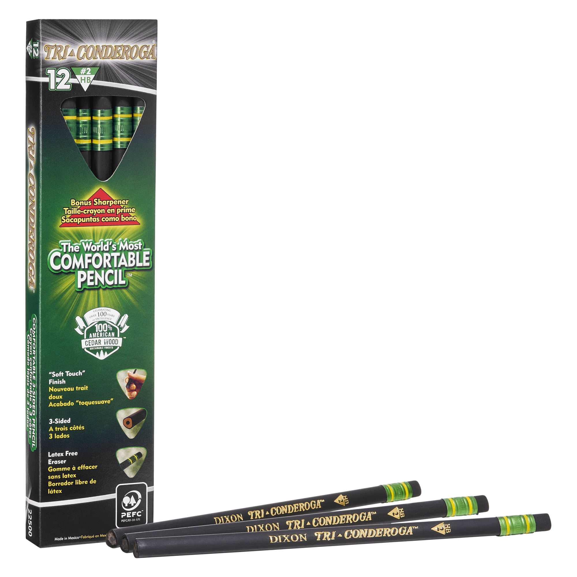 Ticonderoga Tri-write Triangular Pencils With Erasers, No 2 Tip