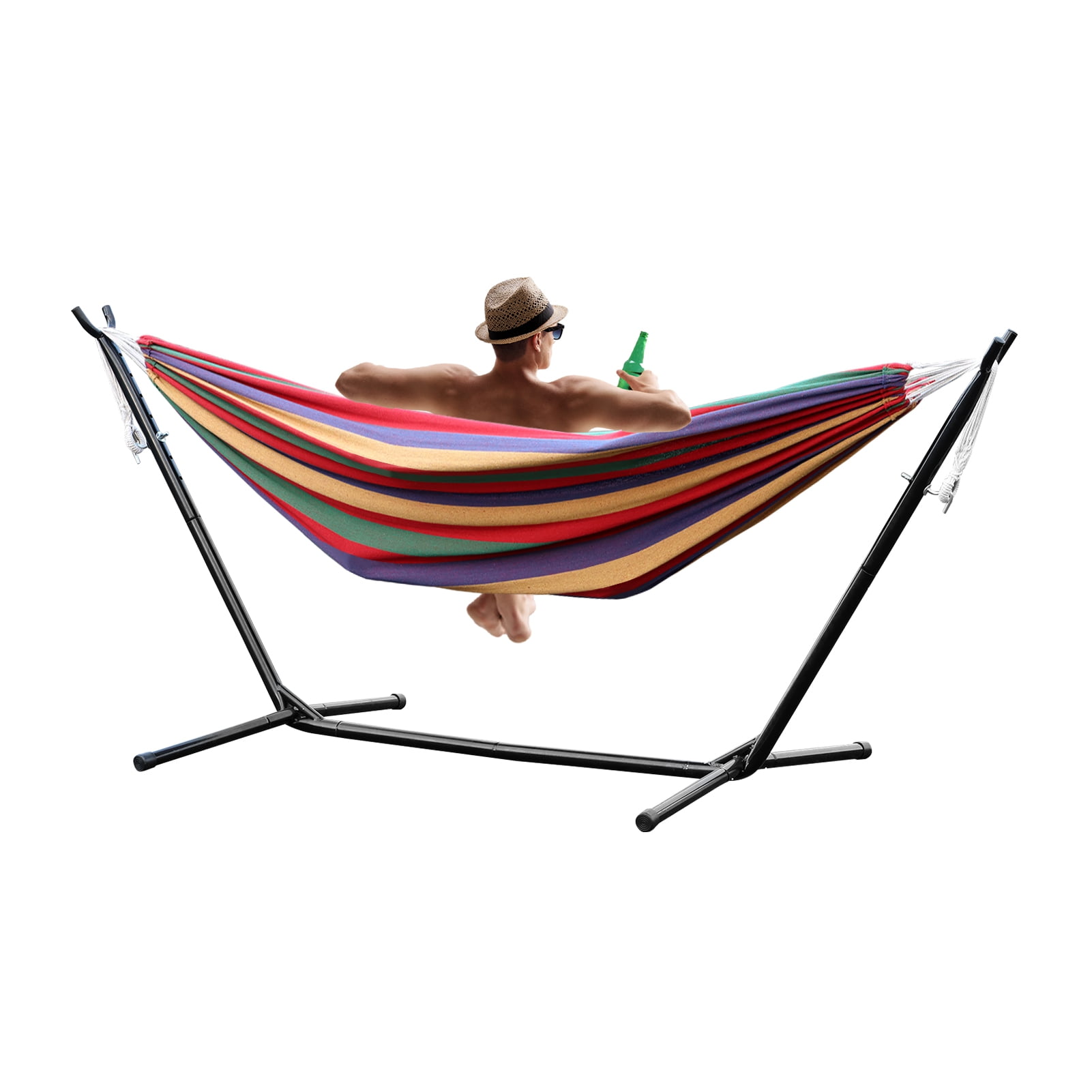 TidBay Basics Double Hammock with Space Saving Metal Stand, Indoor Hammock Stand with Carrying Bag, Strong Load-Bearing, Striped Print