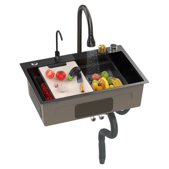 TidBay Black Waterfall Kitchen Sink, Stainless Steel Single Bowl Bar Sink with Cup Rinser, Drop In/Undermount Farmhouse Workstation Sink with Multiple Accessories (26.8 x 17.7in)