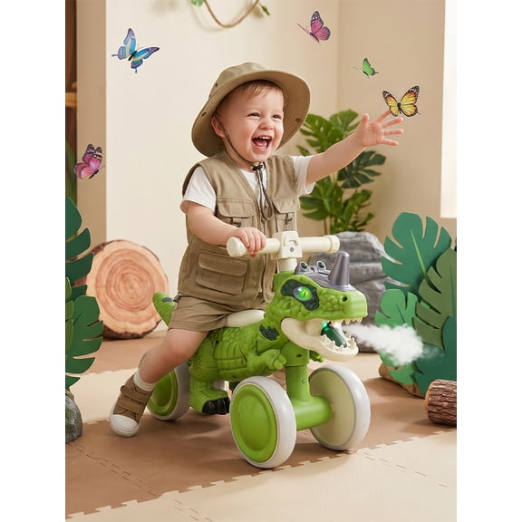 TidBay Dinosaur Balance Bike for 1-3 Year Olds, Toddler 4-Wheel Walker Scooter with Music & Mist Spray Effects, No-Pedal Training Bike, Birthday Gifts for Boys, Girls