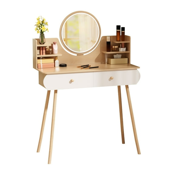 TidBay Makeup Vanity Desk with LED Lighted Mirror, Vanity Table with 2 Drawers and Opening Shelves, Bedroom Dressing Table, 3 Modes Brightness Adjustable