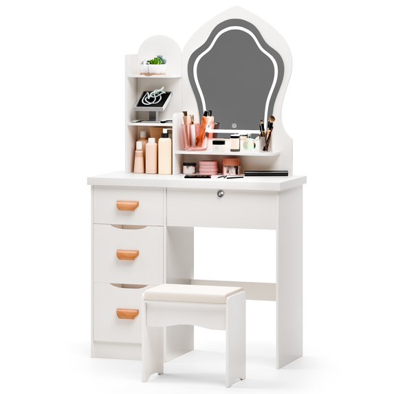 TidBay Makeup Vanity Desk with LED Lighted Crown-shaped Mirror, Vanity Table with 4 Drawers and Opening Shelves, Bedroom Dressing Table with Stool
