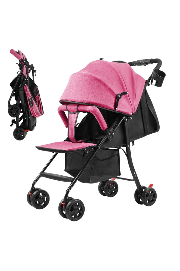 Travel Baby Stroller, One-Hand Folding Infant Pushchair with Adjustable Backrest, Canopy, Storage Basket for 0-2 Years Toddlers Up to 10kg