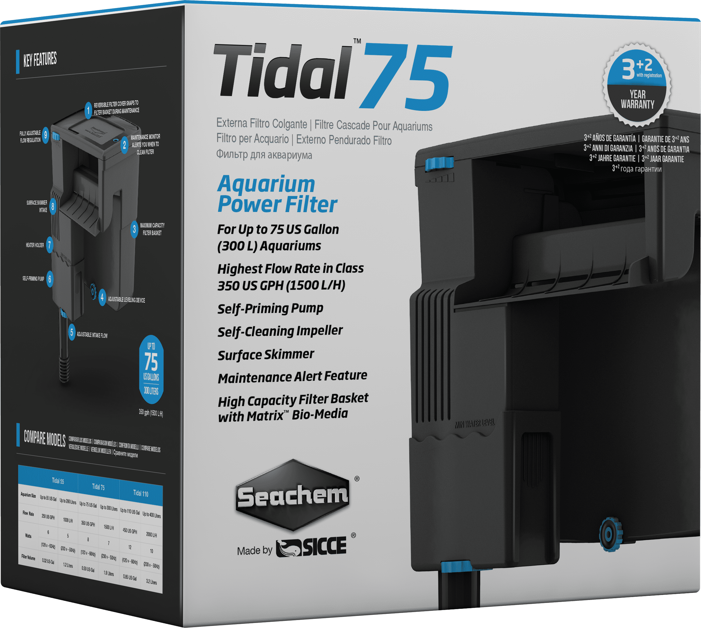 Tidal 75 Gallon Black Aquarium Power Filter with Self-Cleaning Impeller