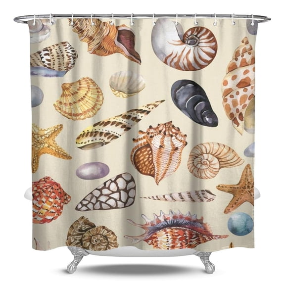 Tidal Pool Shower Curtain - Tropical Seashell & Starfish Print, Water-Resistant Fabric with Anti-Splash Hem,84x72in