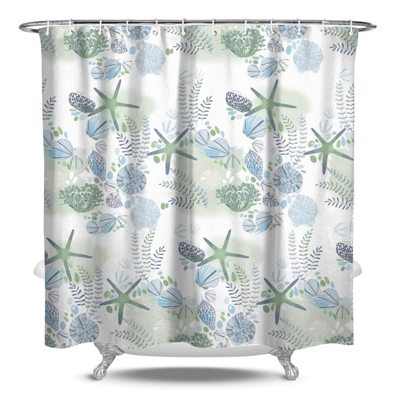 Tidal Pool Shower Curtain - Tropical Seashell & Starfish Print, Water-Resistant Fabric with Anti-Splash Hem,84x72in