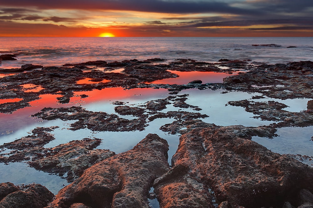 Tidal pools reflect the sunrise colors during the autumn equinox Canvas Art - Luis ArgerichStocktrek Images (34 x 23)