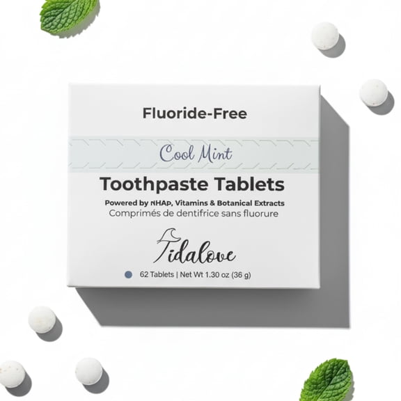 Tidalove Cool Mint Fluoride-Free Toothpaste Tablets with Nano Hydroxyapatite | Natural Whitening, Enamel Strengthening, Plastic-Free & Travel-Friendly (1 Month Refill) 62 Tablets