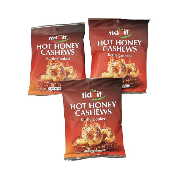 Tidbit Hot Honey Cashews Kettle Cooked Snacks, Sweet & Spicy Roasted Cashew Nuts, 2 oz Bags, 3 Pack